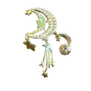Man in the Moon Crescent Shape Dangling Stars Comet Earth Brooch Pin Gold Tone